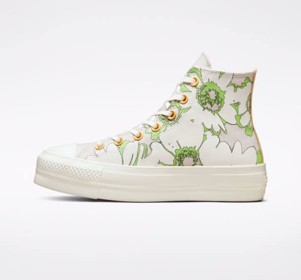 Converse Chuck Taylor All Star Lift Platforme Crafted Florals Vysoké Tenisky Hnede Svetlo Zelene | CV-398BAQ